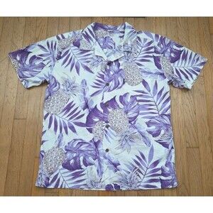 Palmwave Hawaiian Shirt Mens White Purple XL Surf Pineapple Palm 100% Cotton
